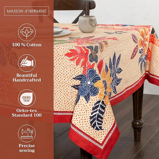 Maison d' Hermine Table Cloth Rectangle Table 100% Cotton 60 x 90 Inches Fall Tablecloth Reusable Everyday Use for Thanksgiving Christmas Decorations Dining Farmhouse Party (Kalahari)