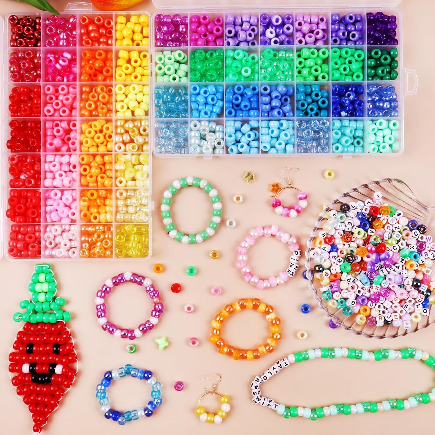 3080 Pcs Pony Beads for Bracelet Making Kit, 56 Colors 6x9mm Rainbow Kandi Beads, Friendship Kandi Bracelet Kit with 800 Pcs Colorful Alphabet Letters for Jewelry Making for DIY Crafts Gifts