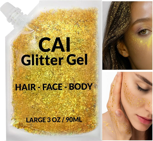 Face, Body & Hair Glitter Gel – Halloween Glitter for Kids and Women – 3 Oz Cosmetic-Grade Gel w/Moon & Stars for Festivals & Halloween Party, Easy Apply & Wash Off - Gold 1Pack