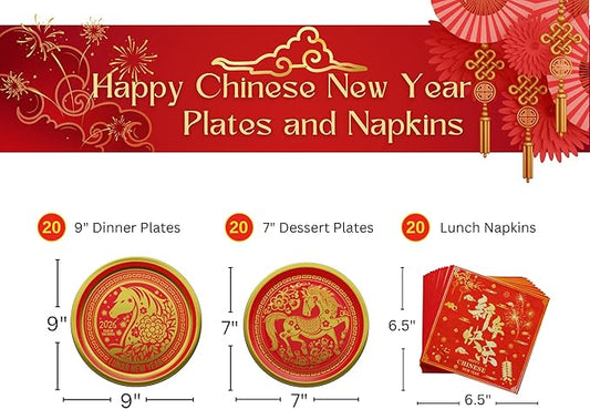 Blue Orchards Chinese New Year Plates and Napkin (2026 Year of the Horse - 60 Pieces for 20 Guests) - Lunar New Year Theme Plates And Napkins, CNY Party Decorations, Gong Xi Fa Cai