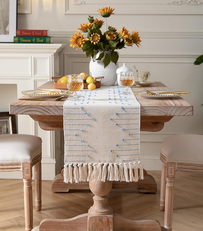 Boho Table Runner 13 x 72 Inch Long Natural Cotton Woven Runner with Tassels for Home Dining Table décor, for Modern Farmhouse Decor Coffee Table Runner, Light Blue and Beige