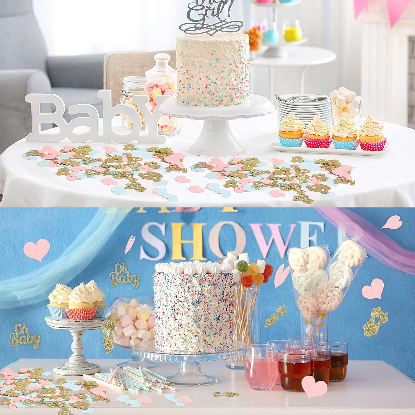 240 Pieces Gender Reveal Confetti Baby Shower Heart Glitter Baby Clothes Confetti Party Table Decoration for Gender Reveal Party Table Wedding Decor(Pink, Blue, Gold)
