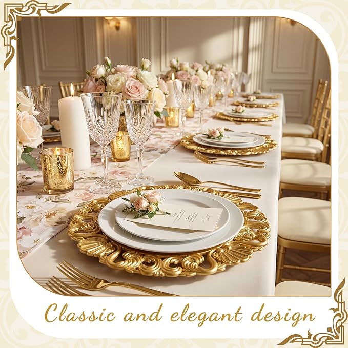 12 Pcs Vintage Gold Charger Plates Bulk 13 Inch Embossed Rim Plastic Round Decorative Plates Charger for Dinner Wedding Party Event Table Setting Decoration (Hollowed out Shell)