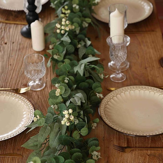 6Ft Artificial Eucalyptus Garland with Little White Berries, Real Touch Faux Eucalyptus Decor Vine for Table, Bedroom, Mantelpiece, Outdoor, Wedding Decorations (Foggy Green)