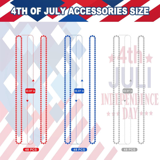 4th of July Accessories, 144PCS Independence Day Bead Necklaces, Metallic Patriotic Red Blue White Necklace, 4th of July Necklace for Memorial Day Patriotic Parades Party Favors Supplies