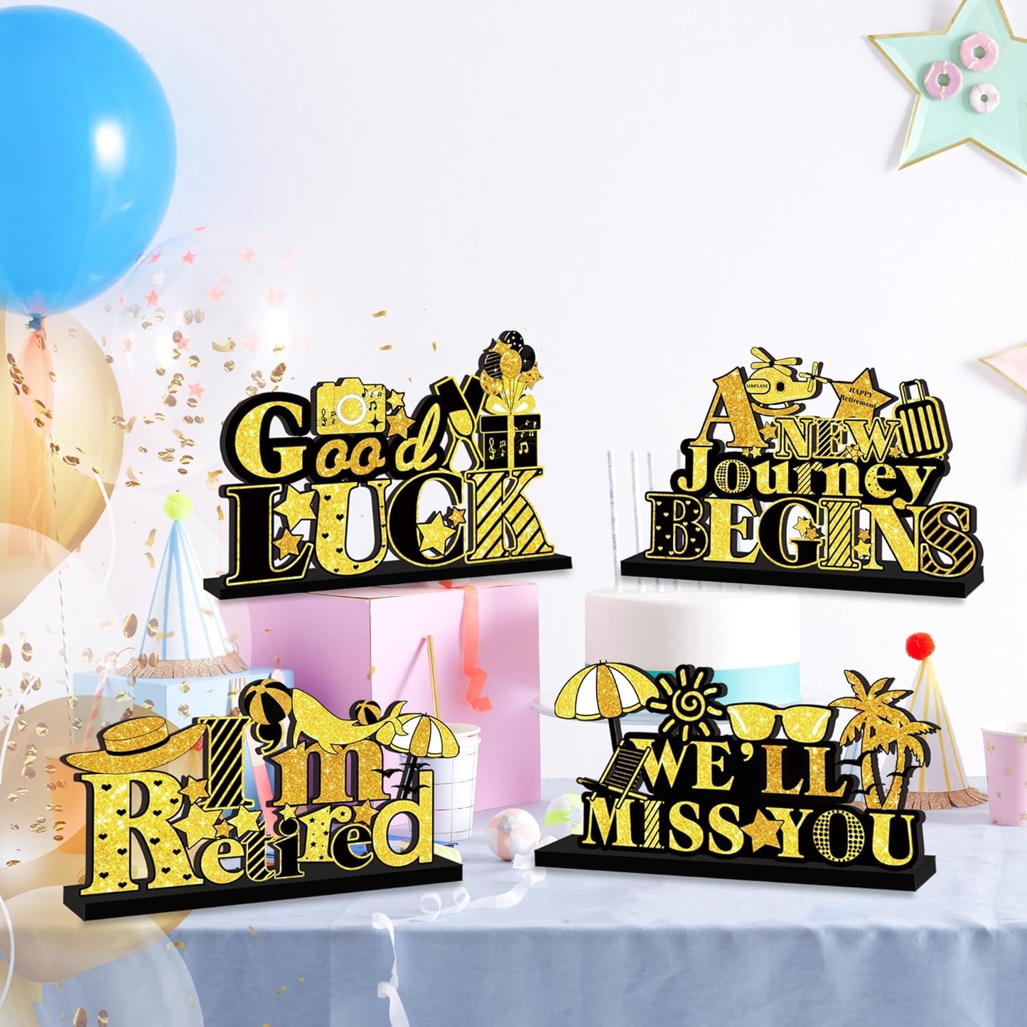4Pcs Retirement Party Decorations Wooden Table Sign, Black Gold Retirement Wooden Table Centerpieces Party Supplies, Retired Theme Farewell Table Sign, Retirement Gift We'll Miss You Decor (black)
