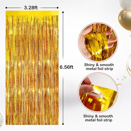 2 Pack Gold Metallic Tinsel Foil Fringe Curtains, Door Streamers Photo Booth Backdrop for Birthday Party, Tinsel Curtain Backdrop for Baby Shower Bachelorette Christmas Party Decorations