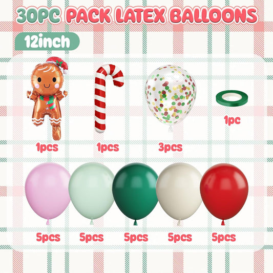 Christmas Balloons,12 Inch Pink Green Red Christmas Party Latex Balloons with Gingerbread Man Candy Cane Foil Balloon,for Xmas Baby Shower New Year Holiday Birthday Party Decor