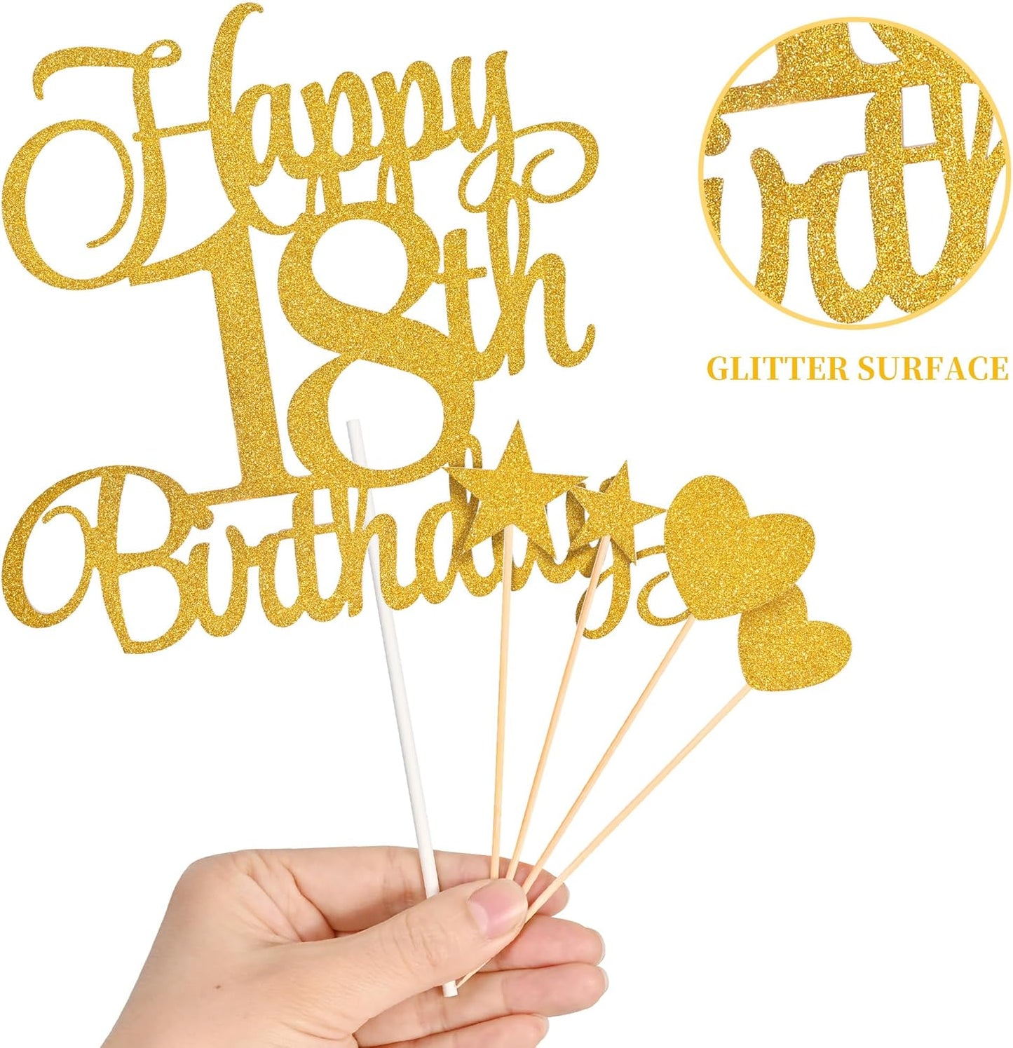 18th Birthday Cake Decorations, 18th Birthday Candles Cake Numeral Candles and Glitter Happy 18th Birthday Cake Toppers Set for Birthday Party Supplies (Gold)