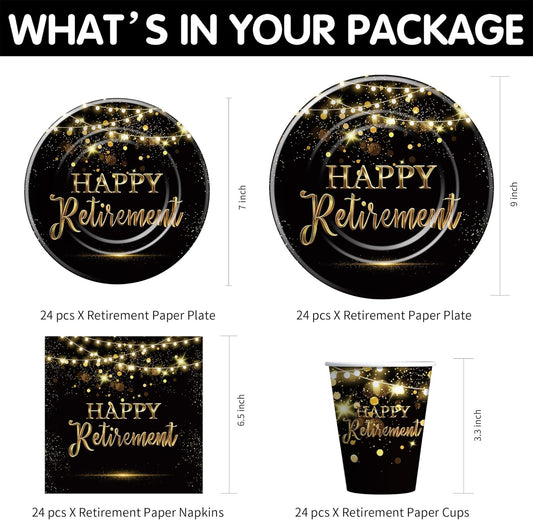 Retirement Decorations Party Supplies, Gold Black Happy Retirement Party Decorations Tableware For Men Women, Paper Plate, Napkin, Cup, Cutlery, Tablecloth, 24 Guests