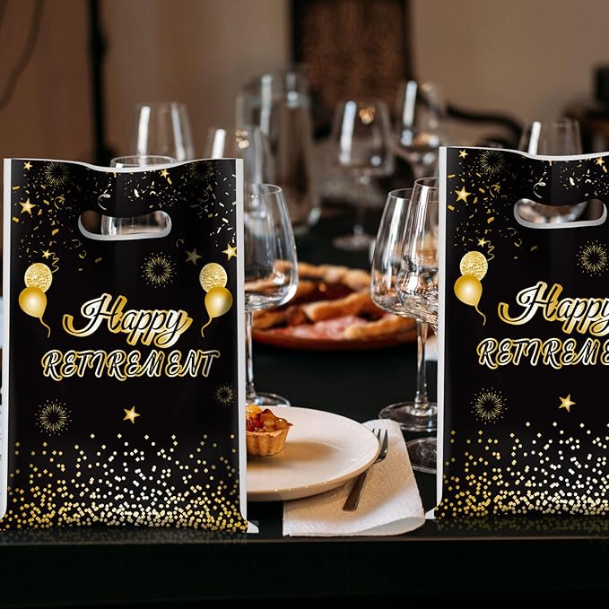 Supervitae 100 Pcs Happy Retirement Plastic Gift Bags Retirement Party Favor Bags Bulk with Handles for Men Women Office Coworker Snacks Goodie Candy Treat Farewell Going Away Party Supplies