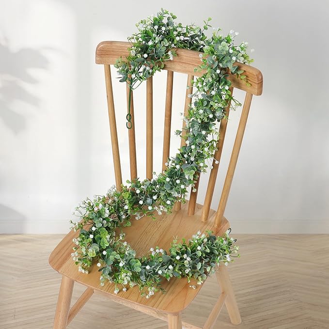 SOMYTING Faux Eucalyptus Garland 2 Pack Fake Vines Hanging Eucalyptus Babys Breath Greenery Garland Spring Garland for Mantle Table Wedding Backdrop Arch Party Wall Decor (2PCS)