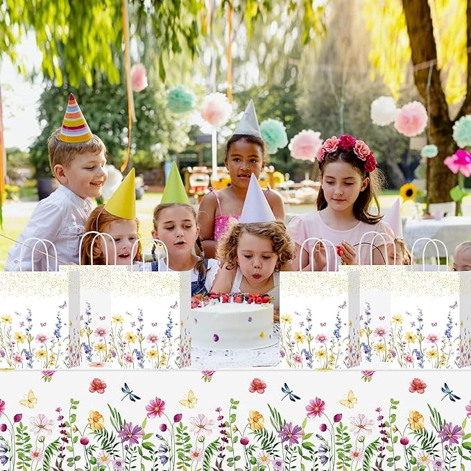 W WINTMING 16 Pcs Wildflower Gift Bags Spring Flower Welcome Bags White Paper Bag with Handle Floral Party Favor Candy Goodie Bag for Baby Shower Wedding Bridal (Wildflower-2, 16)