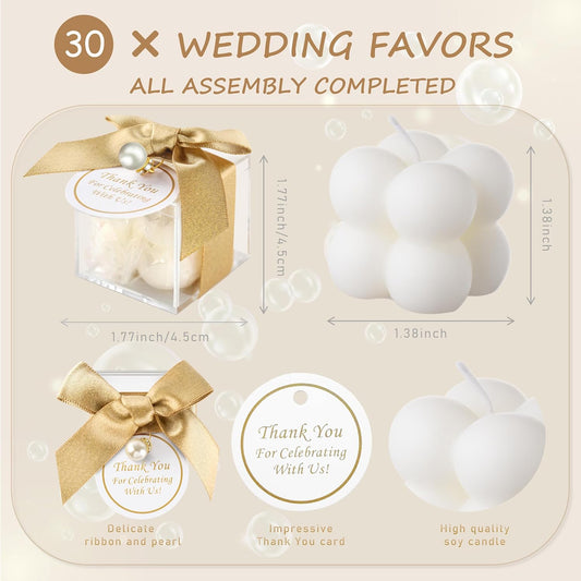 ACITHGL 30 Sets Fully Assembled Small Bubble Candle Party Favors for Guests Bulk Bridal Showers Favors Candles with Stylish Ribbons Thank You Cards Gifts (Gold)