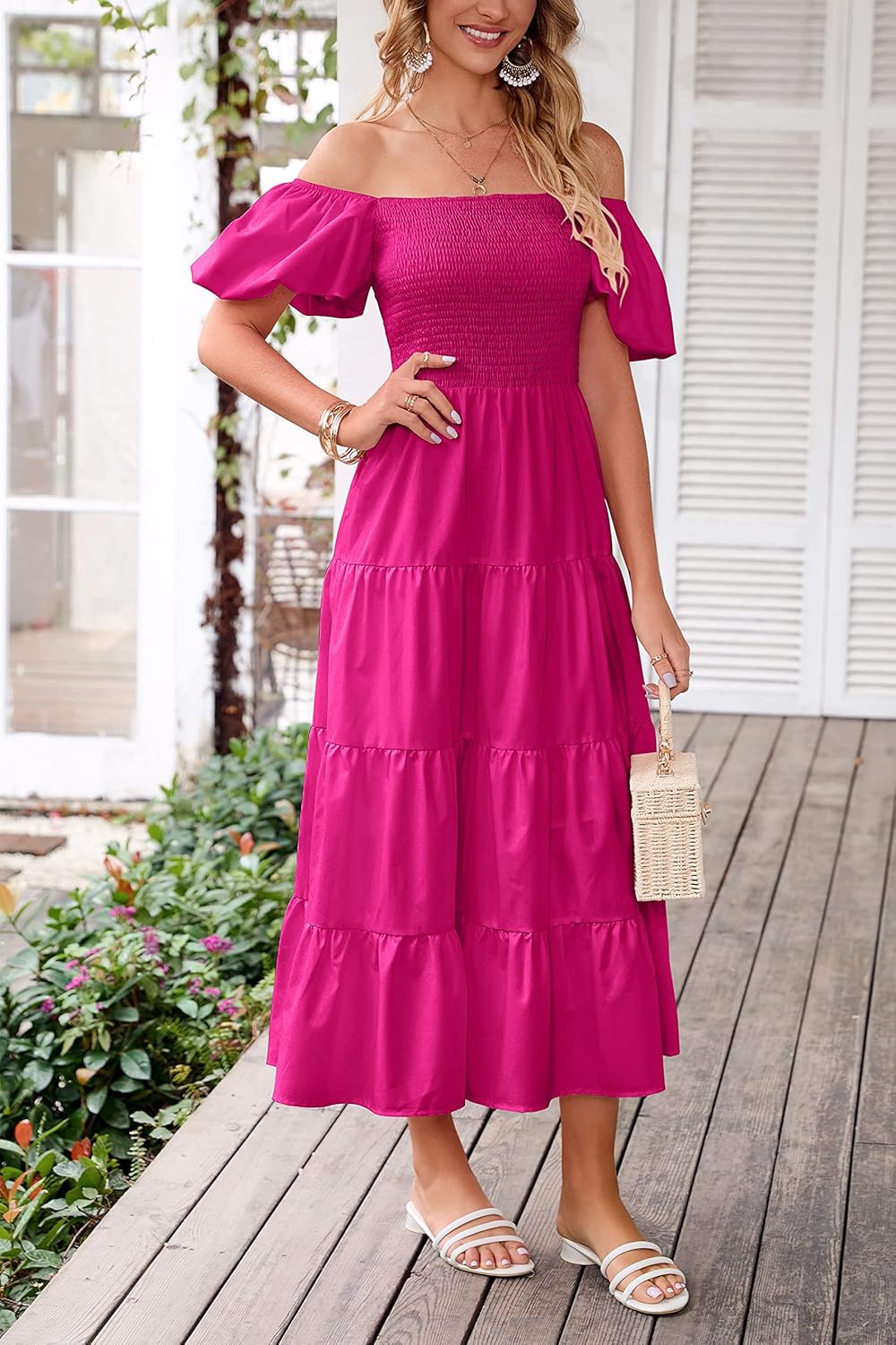 PRETTYGARDEN Women's Casual Summer Midi Dress Puffy Short Sleeve Square Neck Smocked Tiered Ruffle Dresses