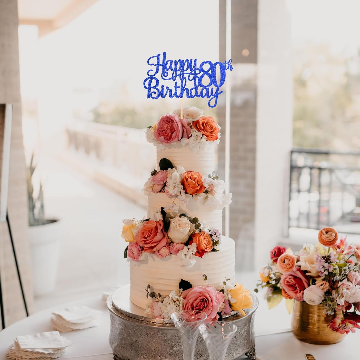 1 PCS Happy 80th Birthday Cake Topper Glitter Cheers to 80 Years Birthday Cake Pick Eighty 80 Fabulous Cake Decoration for Happy 80th Birthday Theme Party Decorations Supplies Blue