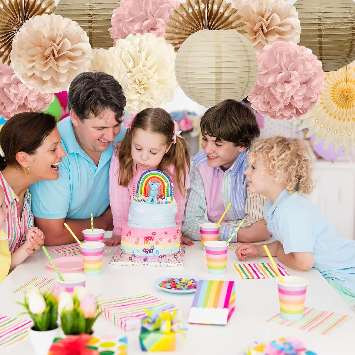 Pink and Beige Party Decorations Dusty Rose Paper Fans Paper Lanterns Pom Poms Flowers for Baby Shower Birthday Wedding Engagement Party