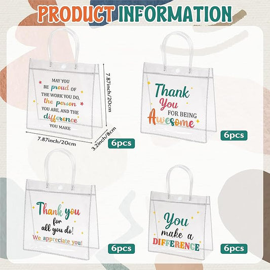 H1vojoxo Employee Appreciation Gift Bags - 24PCS Employee Appreciation Clear PVC Gift Bags with Handle 7.9x3.2x7.9 Inch Reusable Office Team Thank You Gifts Bag for Coworkers Staff Teachers Nurse