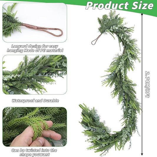 9FT Eucalyptus Cedar Pine Cypress Garland for Mantle Stairs Wall Table Indoor Outdoor Christmas Decor Xmas Decorations