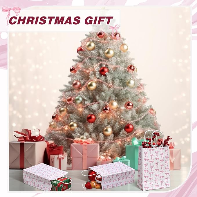 Kolldenn 16 Pcs Coquette Pink Bow Paper Gift Bags Women Mother's Day Birthday Favor Goodie Candy Bags with Handles for Bridal Engagement Baby Shower Party Supplies