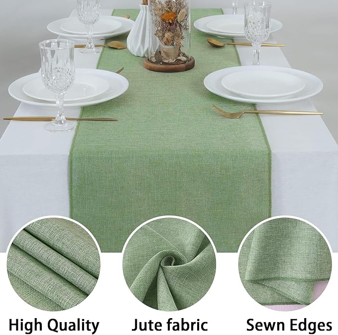 B-COOL Light Green Burlap Table Runner 2 Packs Rustic Farmhouse Fabric 13x108inch Rolls Party Garden Birthday Holiday Home Kitchen Decor