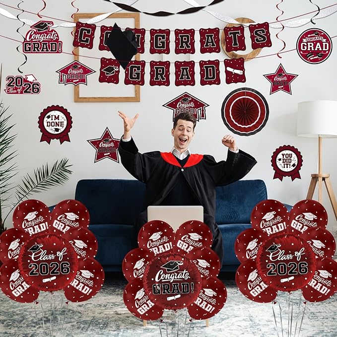 Maroon Themed 2026 Graduation Decorations Set - Congrats Grad Banner, Class of 2026 Backdrop, Balloons & Streamers Kit - Complete Party Supplies for High School & College Celebrations