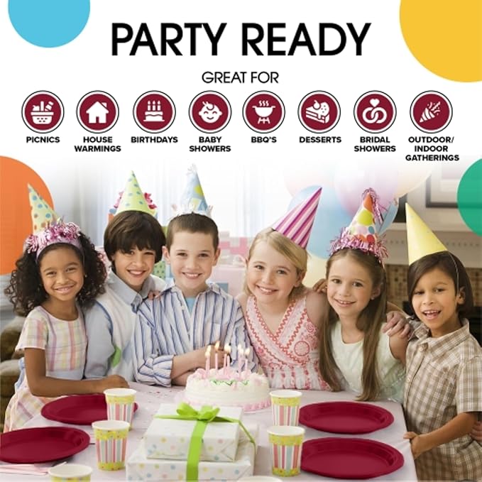 Exquisite Party Solids Burgundy Plastic Plates For Party Supplies 9" Burgundy Disposable Plates Heavy Duty 50 Pcs Plastic Dinnerware Sets Heavy Duty 350 GSM Disposable Dinnerware Set