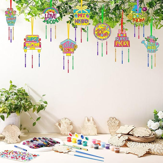 DoubleFill 30 Pack Wind Chime Kit Make You Own Mother's Day Wind Chimes Crafts DIY Coloring Wooden Mother's Day Craft for Mom's Birthday Gifts Party Decoration Art Hanging Ornaments