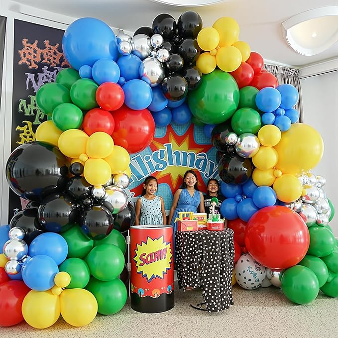 412Pcs Red Blue Yellow Green Black Balloon Arch Garland Kit, 18 12 10 5 Inch Different Size Latex Balloons for Birthday, Video Game Themed Party