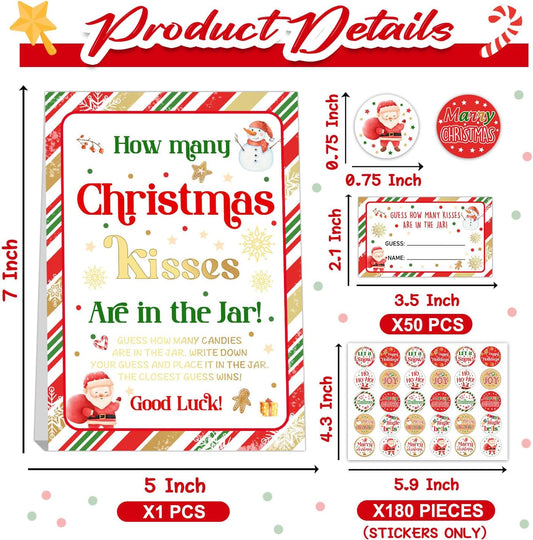 Guess How Many Christmas Kisses Game, How Many Kisses Standing Sign 50 Guessing Cards 180 Christmas Kisses Stickers, Christmas Games for Adults, How Many Kisses Christmas Game Set for Christmas