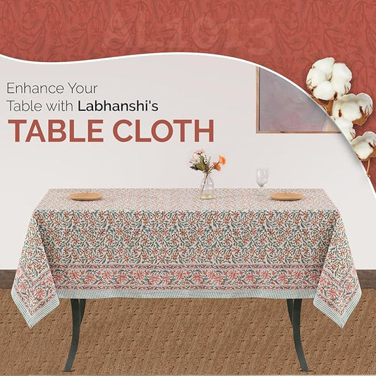 Labhanshi Indian Handblock Print Floral 100% Cotton Canvas Rectangle Table Cloth|72x108 Inch 8-Seater Rustic Farmhouse Decorative Table Cover|Spring Easter Festive Holiday Decor|Berry Pink