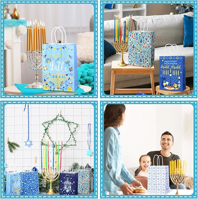 Outus 24 Pcs Hanukkah Party Favor Bags Chanukah Gift Goodie Paper Bags with Handles Blue Star of David Dreidel Candy Treat Pouch for Happy Hanukkah Party Decorations Supplies