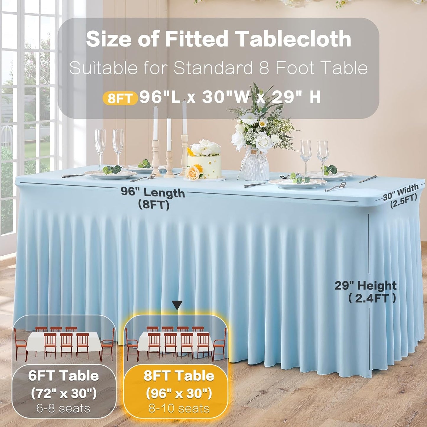 4 Pack Spandex Baby Blue Tablecloth for 8 Foot Rectangle Tables, Wrinkle Free Fitted Table Cloth 8ft Stretchy Light Blue Tablecover Desk Skirt for Birthday Party Wedding Banquet Baby Shower