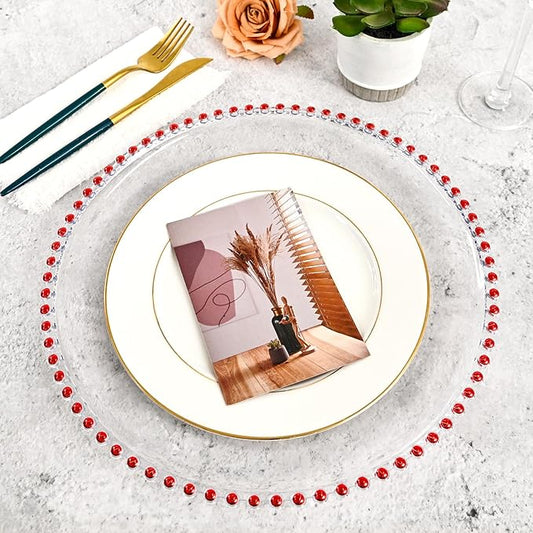 24 PCS Clear Round Charger Plates with Beaded Rim, 13 Inch Plastic Acrylic Plate, Plastic Round Beaded Dinner Decorative Service Plates for Wedding Party Event, Home Kitchen Tabletop(Red)