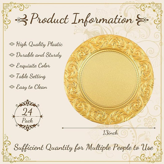 Uiifan 24 Pcs Antique Charger Plates Bulk 13'' Plastic Plate Chargers Decorative Embossed Rim Round Plates for Wedding Party Event Dinner Kitchen Table Setting Decoration (Gold)