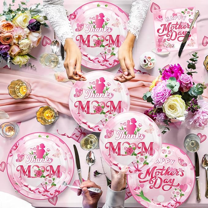 133Pcs Mothers Day Decorations, Happy Mothers Day Party Set with Plates, Napkins, Cups, Tablecloth, Banner, Balloons, Cake Topper, Cupcake Toppers for Mom Birthday Party, Serves 20 Guests