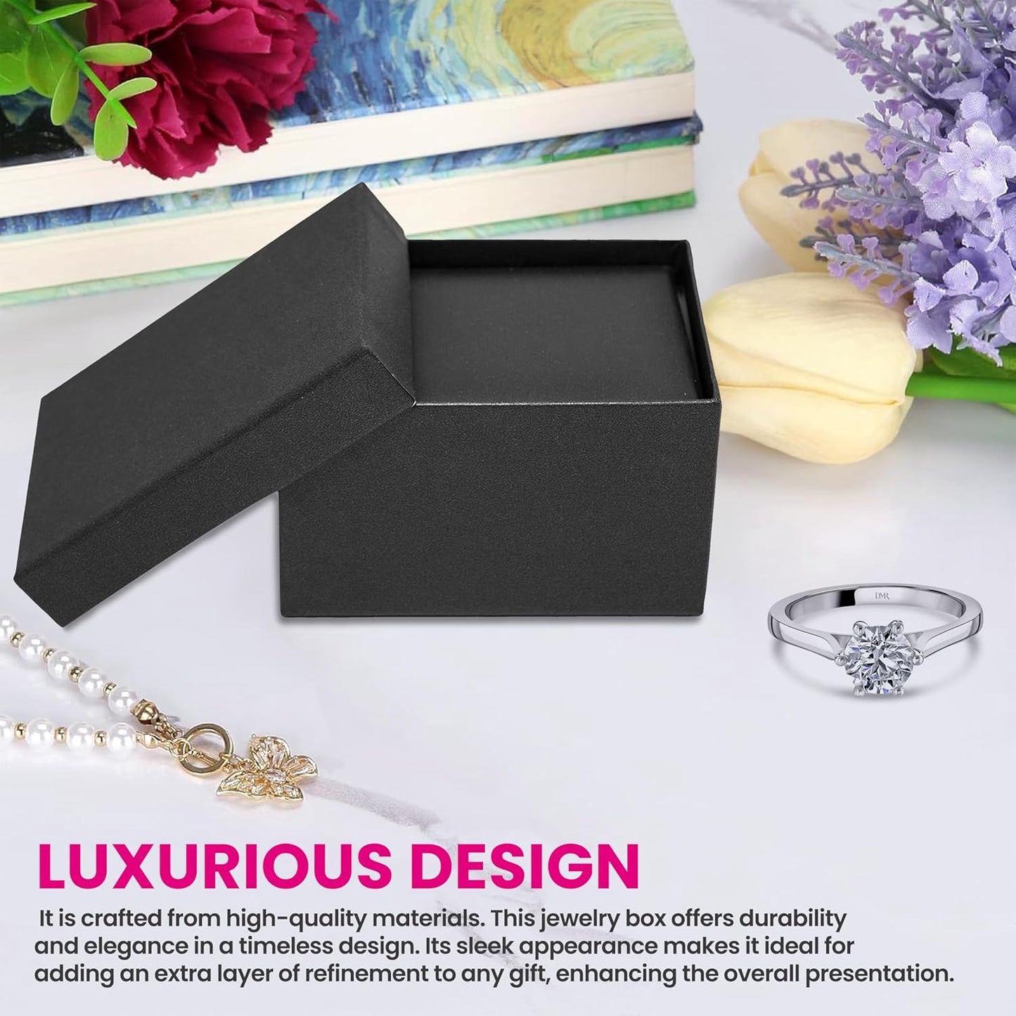 Novel Box Black Jewelry Box for Double Rings 3.12x2.12x1.87 Inches - Double Rings Gift Box for Proposal Wedding Engagement - Faux Leatherette Jewelry Display Box - Gift Presentation Boxes for Rings