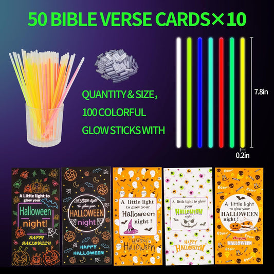 LiYiQ 50 Packs Halloween Gifts Cards with 100 Glow Sticks Let Your Light Shine Cards with Glow Sticks Pumpkin Cards for VBS Sunday School Supplies (Halloween)