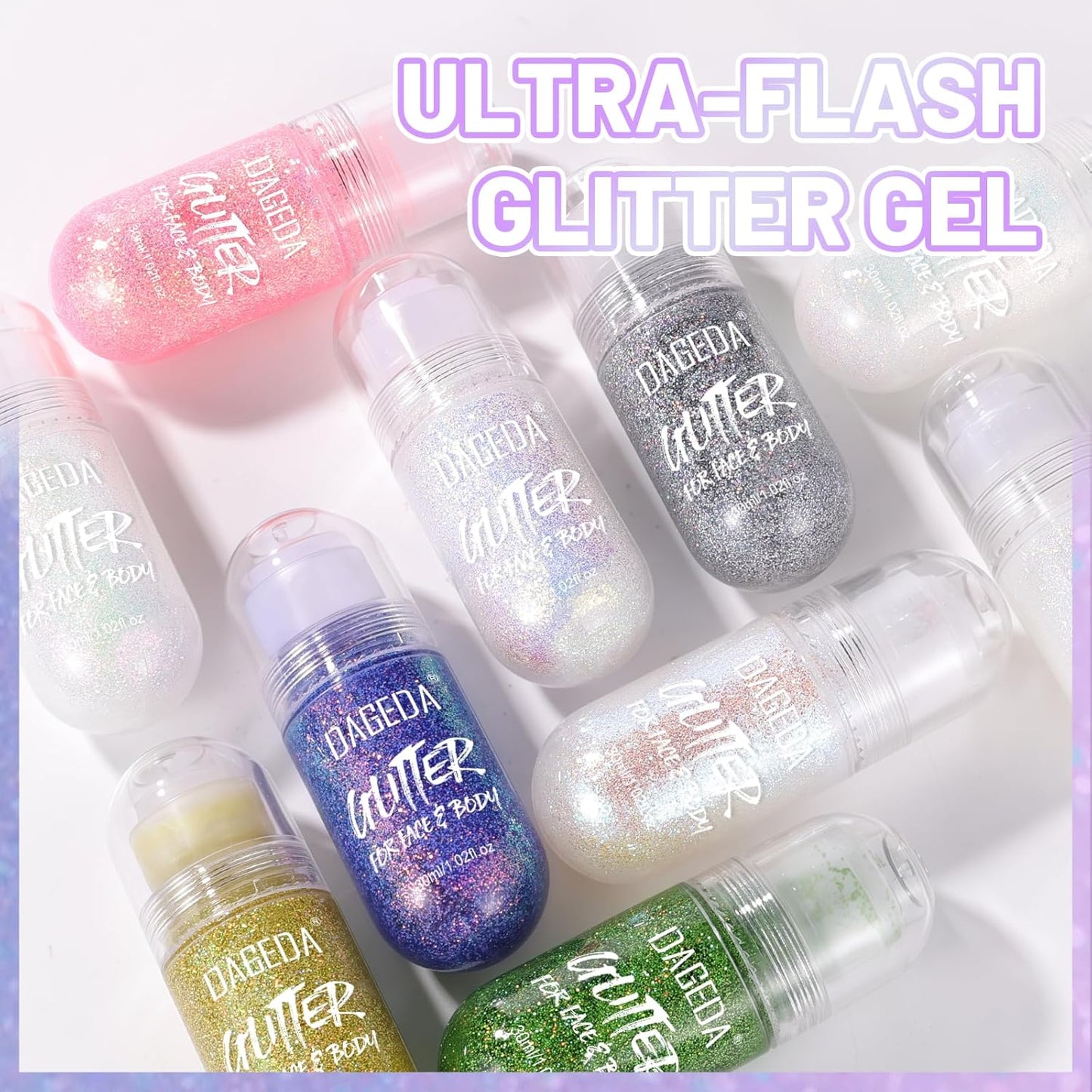DAGEDA 2Colors Roll-on Body Glitter Gel for Body, Hair, Face, Holographic Glitter Makeup for Rave Accessories, Body Shimmer Hair Glitter Gel for Halloween Makeup(Galaxy Blue+Sparkling Pink)