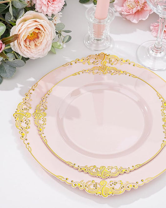 Nervure 100PCS Pink and Gold Plastic Plates - 10.25Inch Pink Disposable Plates - Plastic Dinner Plate for Weddings & Parties & Easter