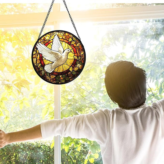 Stained Glass Window Hanging, Flying White Dove Sun Catchers Diamond Glass Panel Hangings Cute Birds Suncatcher Decor for Birthday for Women, Men, Wife, Aunt, and Mom 6.3 in