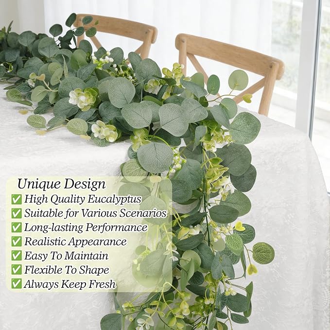 Eucalyptus Garland Faux Silk Leaf Silver Dollar Artificial Greenery Fake Hanging Eucalyptus Leaves Garland for Table Wedding Party Indoor Outdoor Wall Mantle Room Home Decoration (2, 5.5 FT)