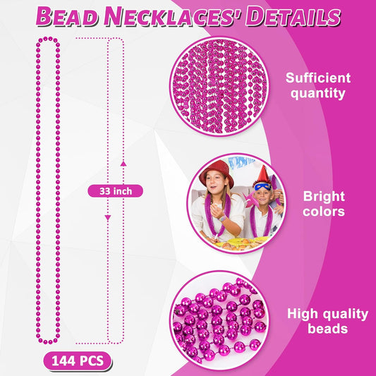 144PCS Bead Necklace, Mardi Gras Pink Bead Necklaces Party Favors, Metallic 33" Mardi Gras Round Beaded Necklace Stuff, Festival Parade Throw Accessories for Wedding Gender Reveal Party Supplies Decor