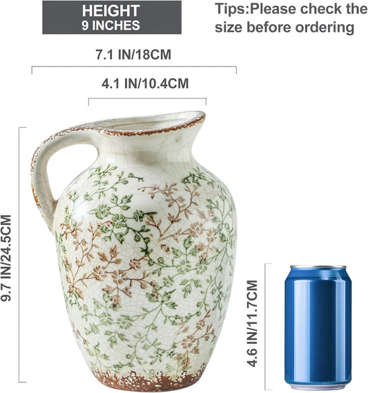 Enra Vintage vase,Ceramic Chinoiserie Floral Vase,Green and Beige Decorative Flower vase,Large Rustic Vases for Home Decors, Living Room, Bookshelf, Office,9.7 inch