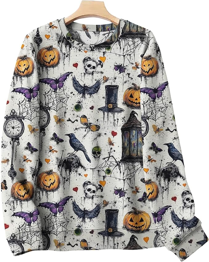 LIZALIG Pullover Cute Sweatshirt Orange Skeleton Fall Festive FunWomens Design Bat Holiday Party Outings Pumpkin Print