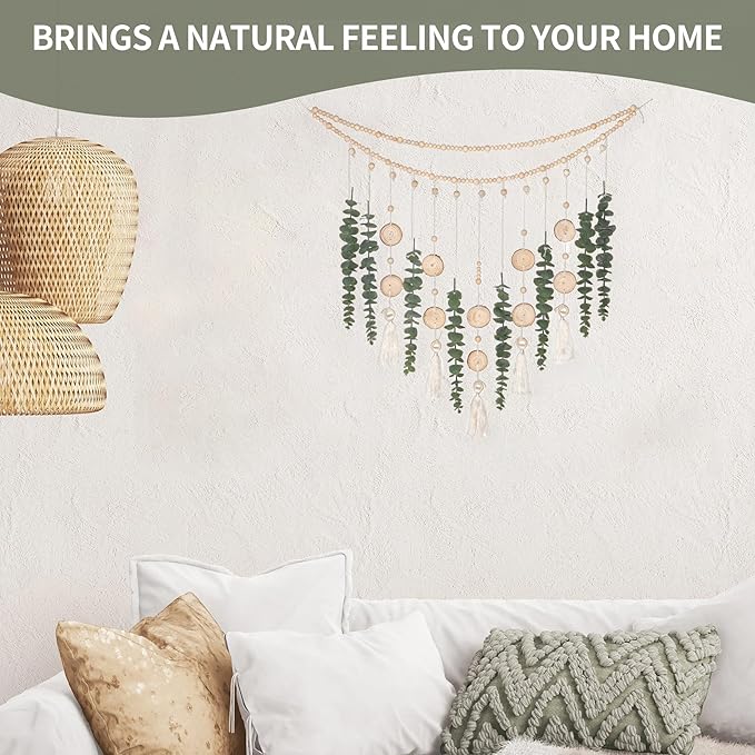 Artificial Hanging Eucalyptus Wall Decor Fake Greenery Leaves Wall Hanging Plants on Long Wooden Beads Garland Wall Art Large Boho Rustic Farmhouse Decor for Bathroom Bedroom Living Room Sage Green