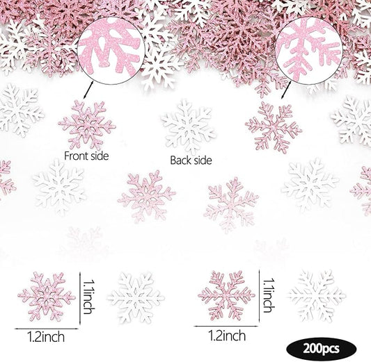 200PC Pink Glitter Snowflake Confetti Winter Onderland Decorations Paper Snowflakes Table Scatter for Winter Wonderland Birthday Baby Shower Party Decor
