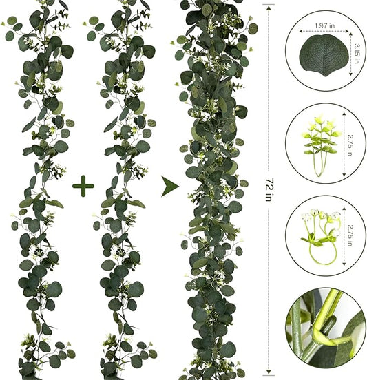 4Pcs Eucalyptus Garland with Lights, 6FT Green Flower Garland Decor, Artificial Faux Eucalyptus Leaves Greenery Vines for Table Runner Wedding Bedroom Mantle Centerpieces Backdrop Decorations (8)