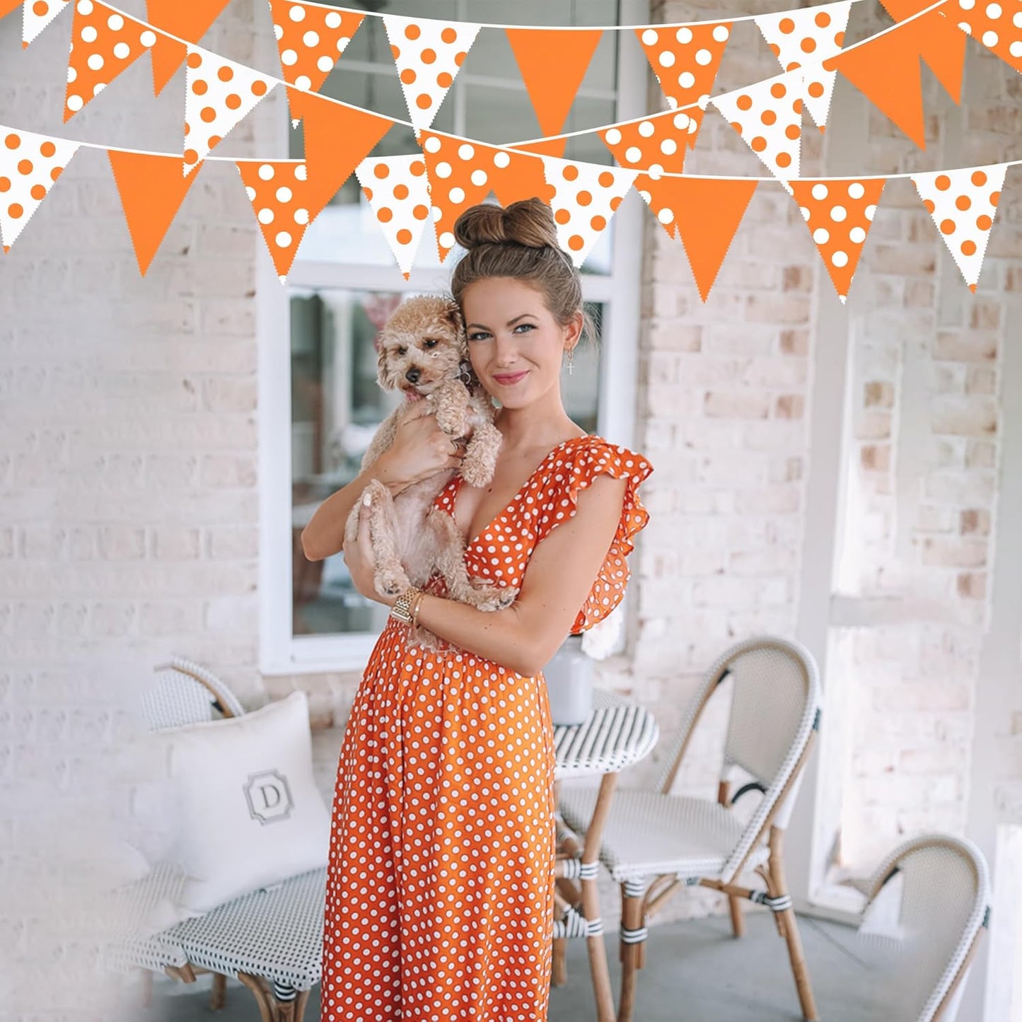 32Ft Orange Party Decorations Orange Fabric Pokal Dot Pennant Triangle Banner Party Flag Bunting Streamer Garland for Birthday Groovy Baby Shower Sunshine Home Outdoor Garden Decor Supplies