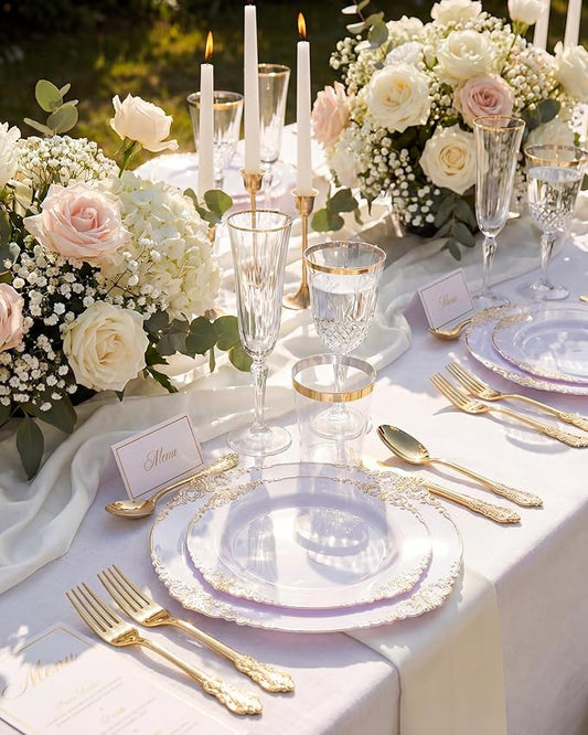 Nervure 100Pcs White and Gold Plastic Plates - 7.5inch Gold Disposable Plates - Heavyweight Plastic Dessert Plate for Wedding & Party